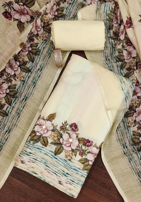 Off White Embroidered Cotton Blend Dress Material