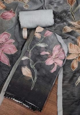 Grey Embroidered Oragnza Dress Material