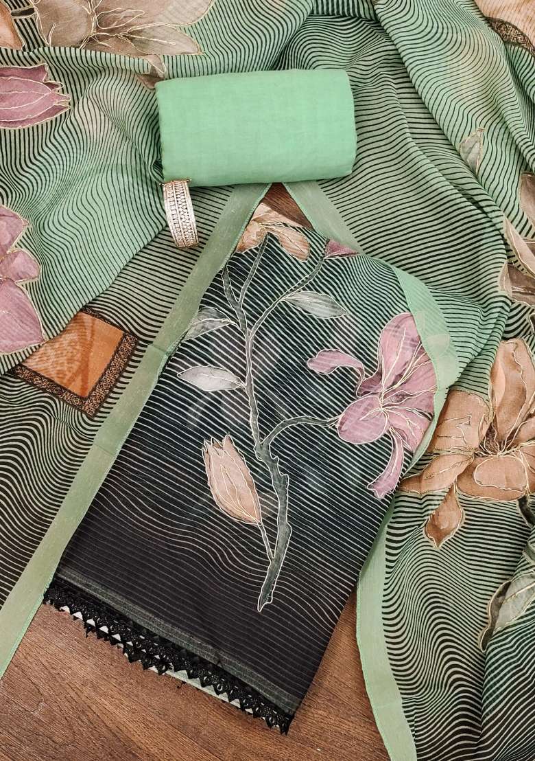 Green Striped Organza Straight Kurta Set - Indya