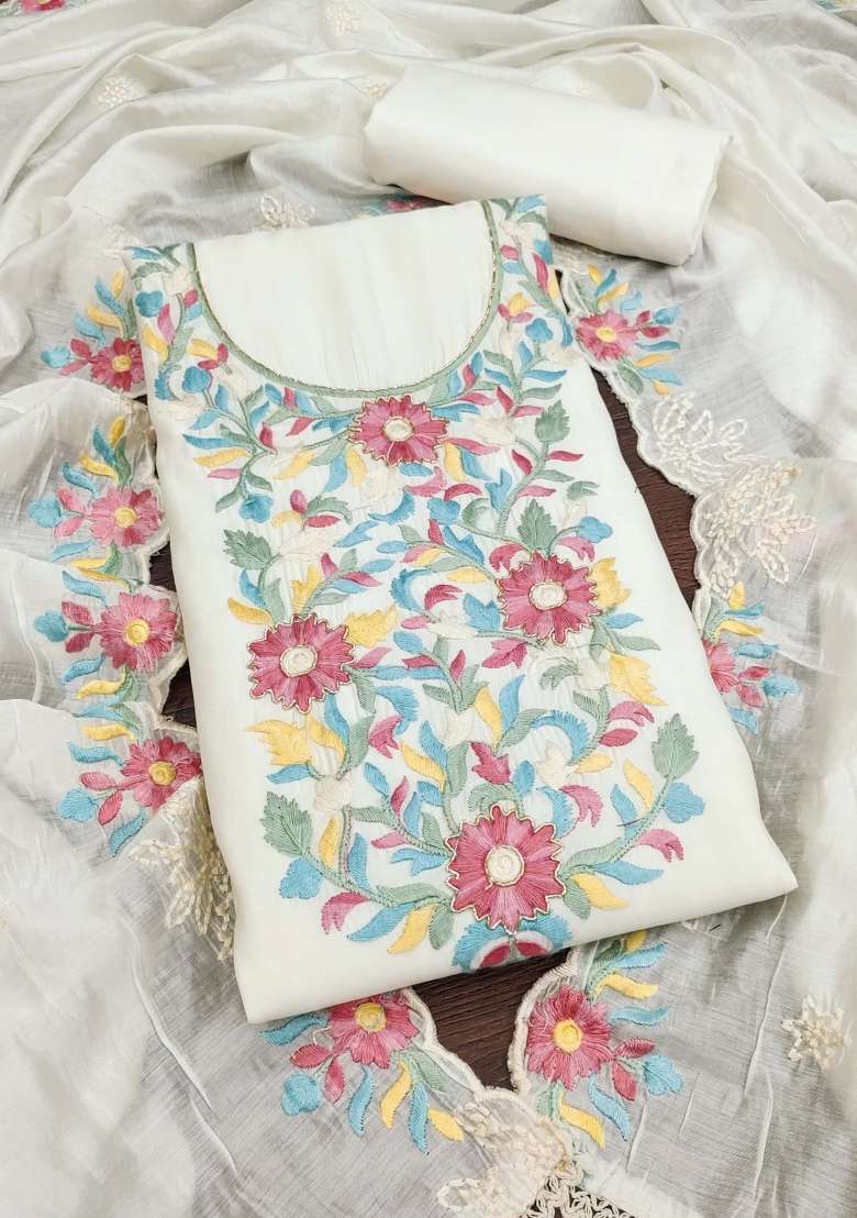 White Embroidered Silk Dress Material - Indya