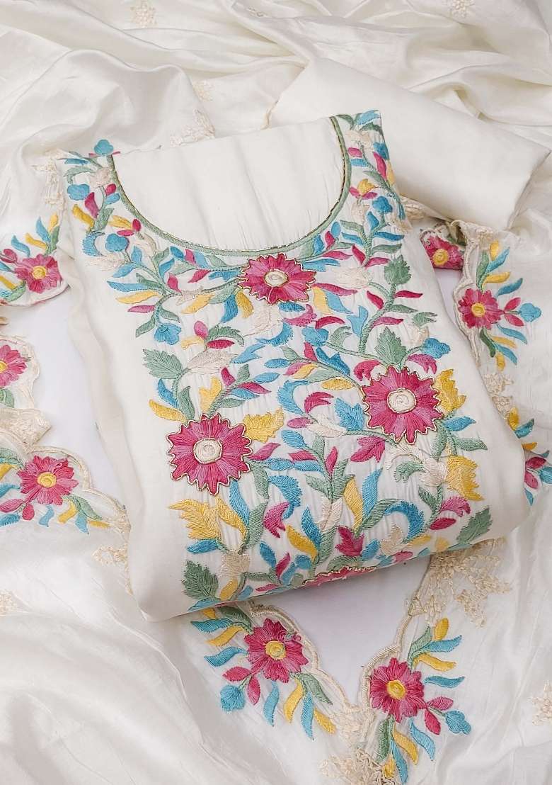 White Embroidered Silk Dress Material - Indya