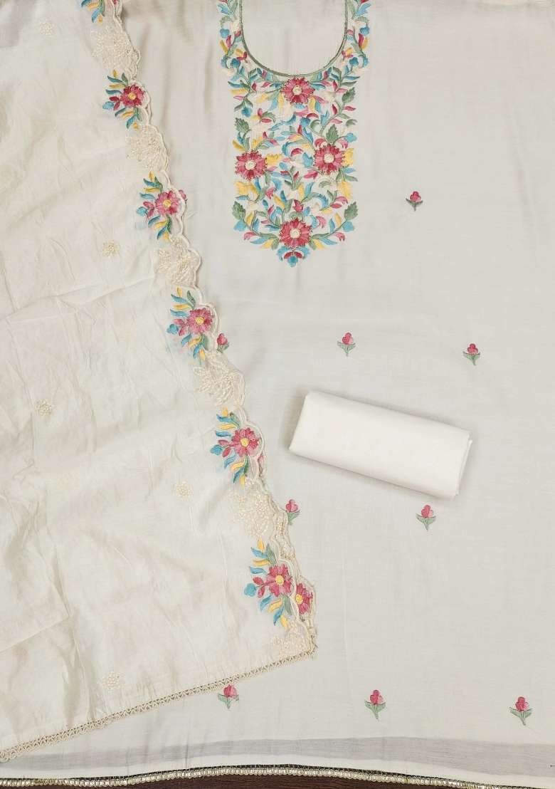 White Embroidered Silk Dress Material - Indya