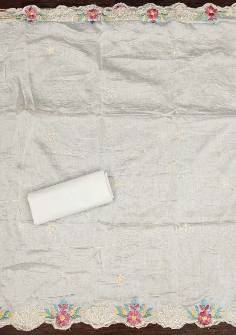 White Embroidered Silk Dress Material - Indya
