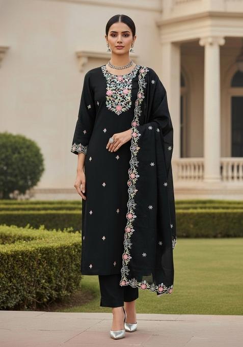 Black Embroidered Silk Dress Material
