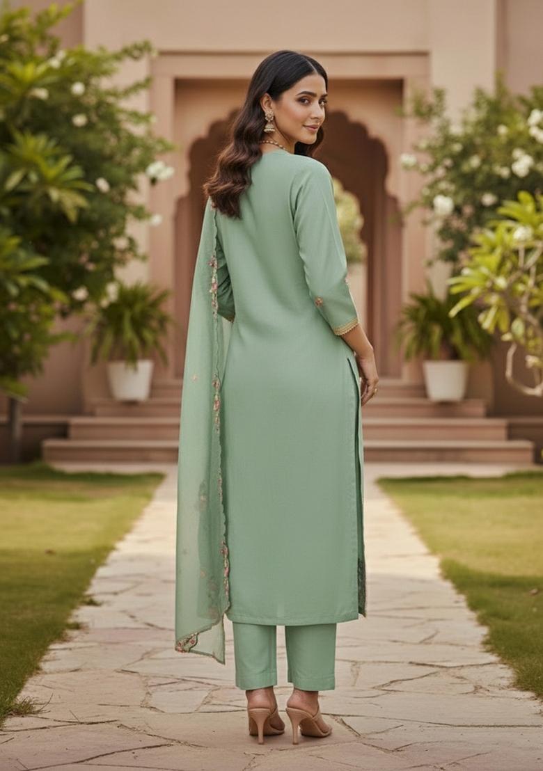 Sea Green Embroidered Silk Dress Material - Indya