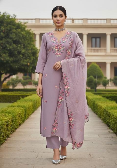 Lavender Embroidered Silk Dress Material