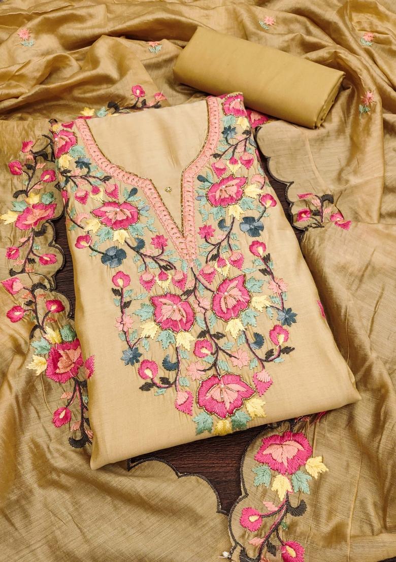 Beige Embroidered Silk Dress Material
