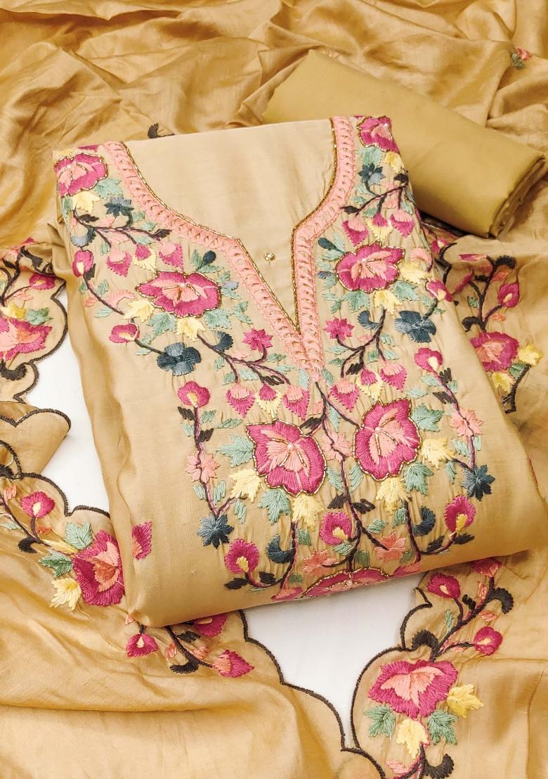 Beige Embroidered Silk Dress Material