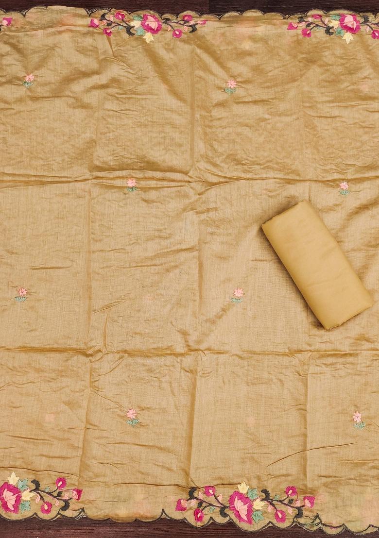 Beige Embroidered Silk Dress Material