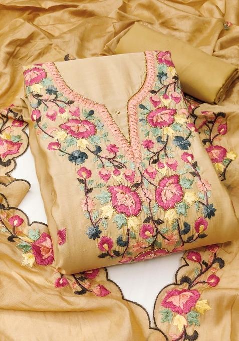 Beige Embroidered Silk Dress Material