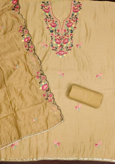 Beige Embroidered Silk Dress Material