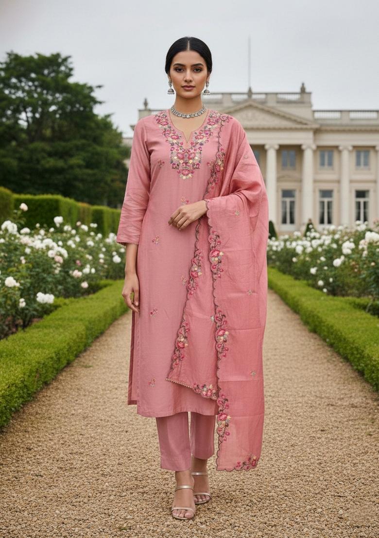 Peach Embroidered Silk Dress Material - Indya
