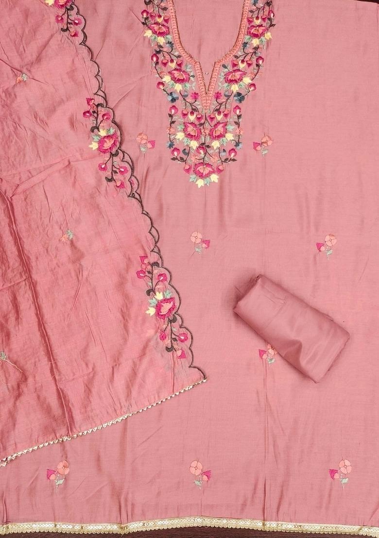 Peach Embroidered Silk Dress Material - Indya