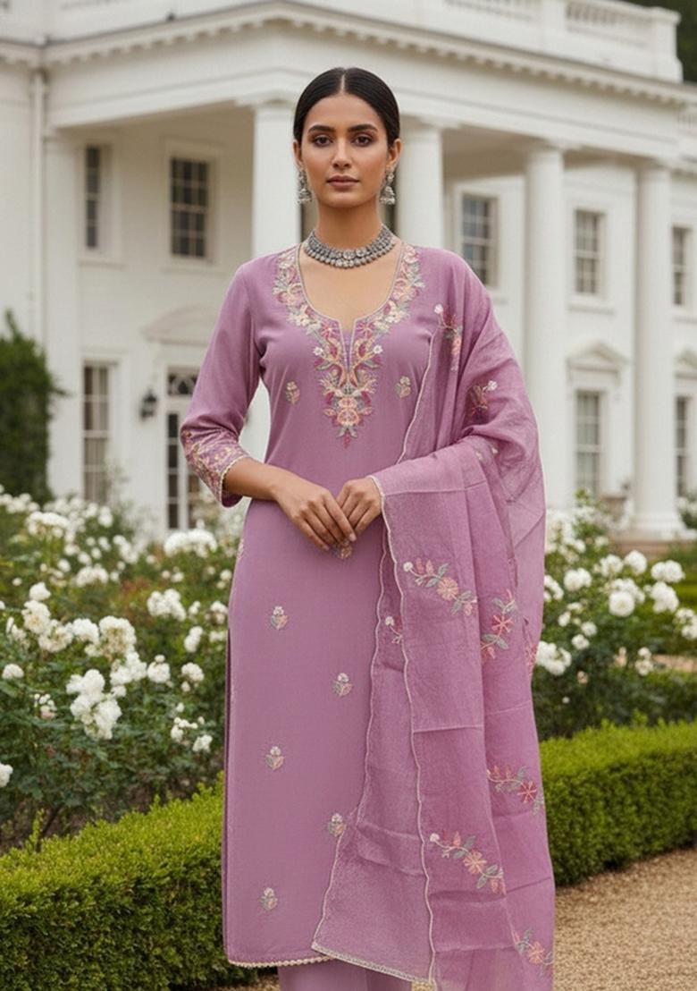 Pink Embroidered Silk Dress Material - Indya