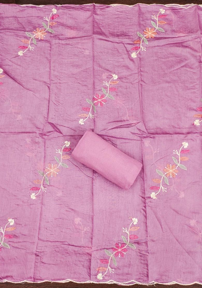 Pink Embroidered Silk Dress Material - Indya