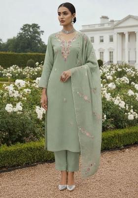 Green Embroidered Silk Dress Material