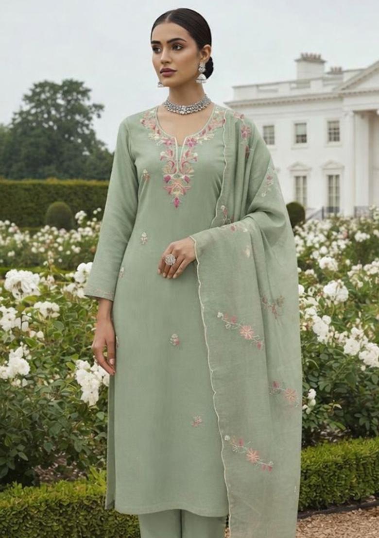 Green Embroidered Silk Dress Material - Indya