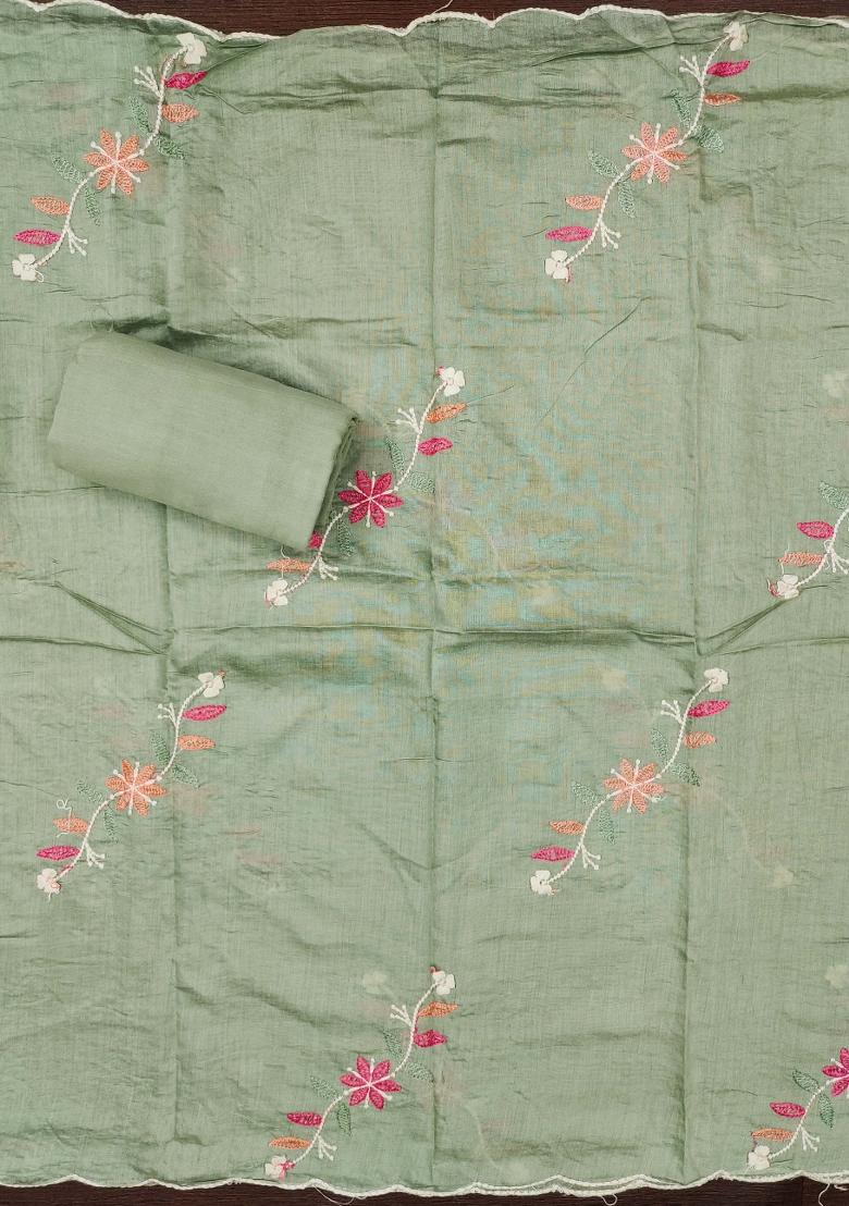 Green Embroidered Silk Dress Material - Indya