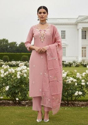 Peach Embroidered Silk Dress Material