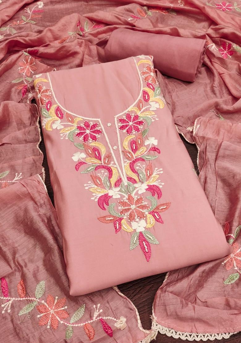 Peach Embroidered Silk Dress Material