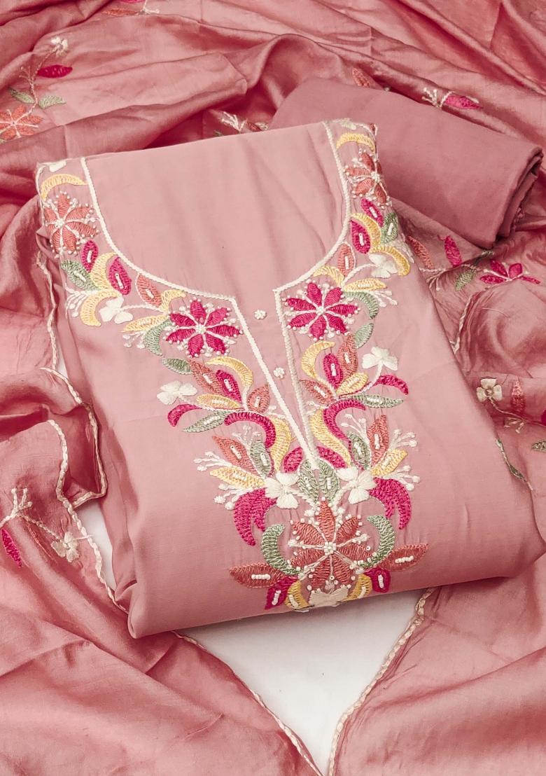 Peach Embroidered Silk Dress Material