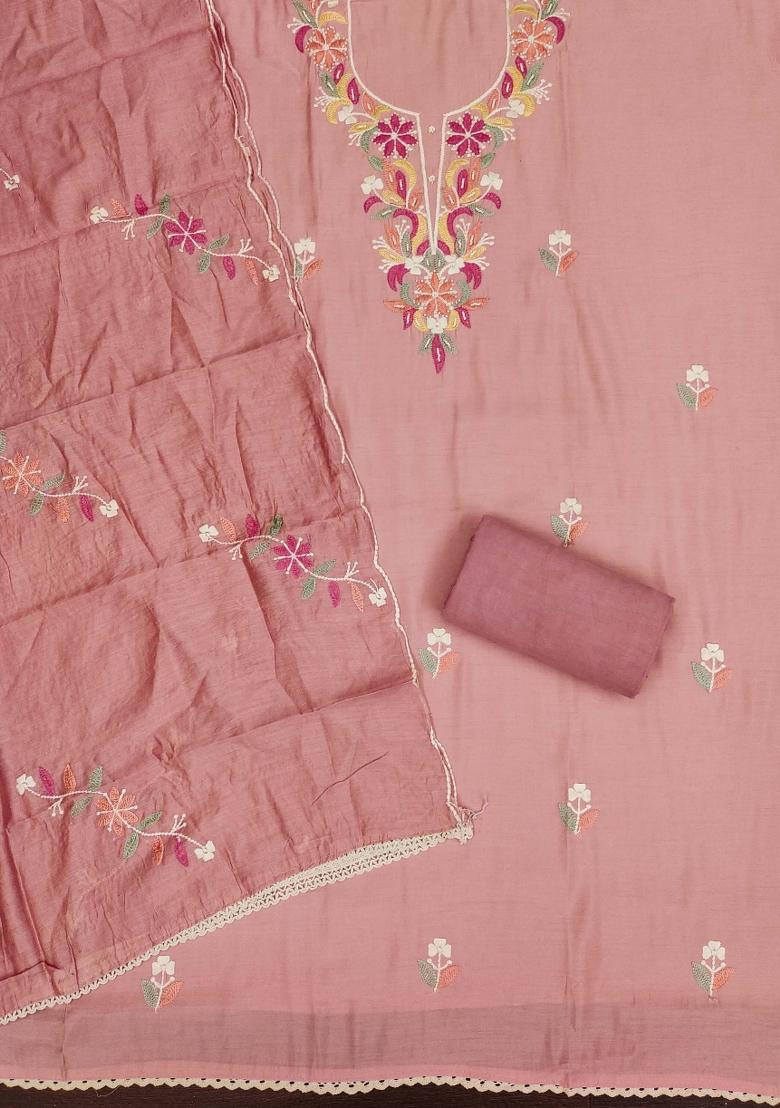 Peach Embroidered Silk Dress Material