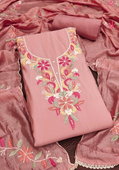 Peach Embroidered Silk Dress Material
