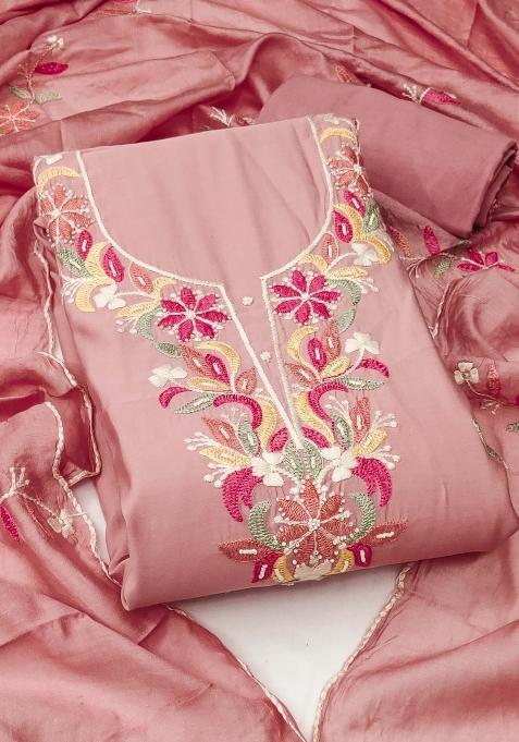 Peach Embroidered Silk Dress Material