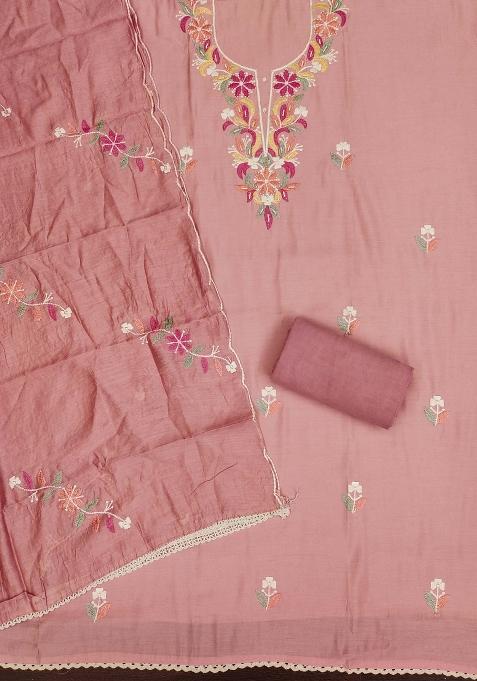 Peach Embroidered Silk Dress Material