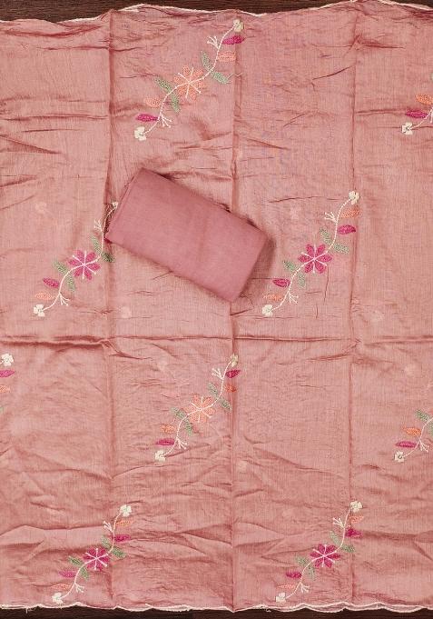 Peach Embroidered Silk Dress Material