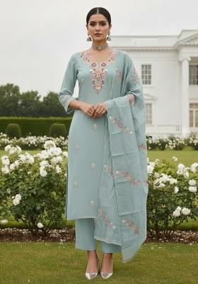 Sky Blue Embroidered Silk Dress Material