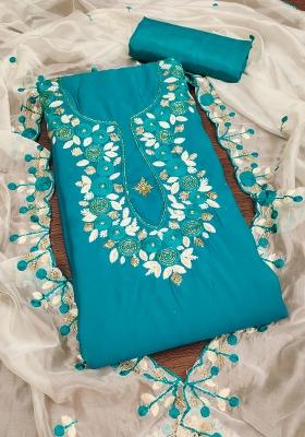 Teal Embroidered Silk Dress Material