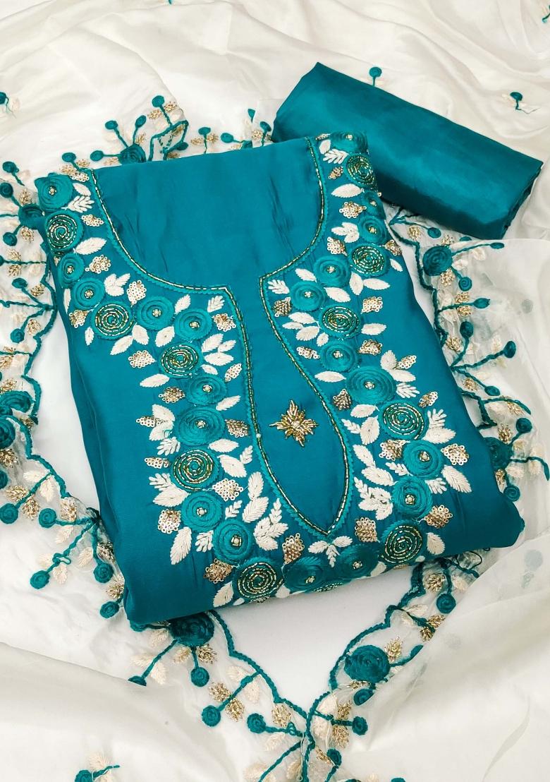 Teal Embroidered Silk Dress Material