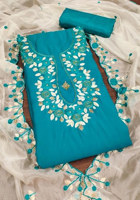 Teal Embroidered Silk Dress Material