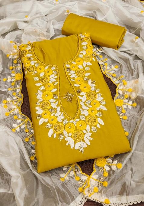 Mustard Embroidered Silk Dress Material