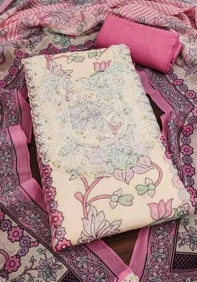 Pink Embroidered Oragnza Dress Material