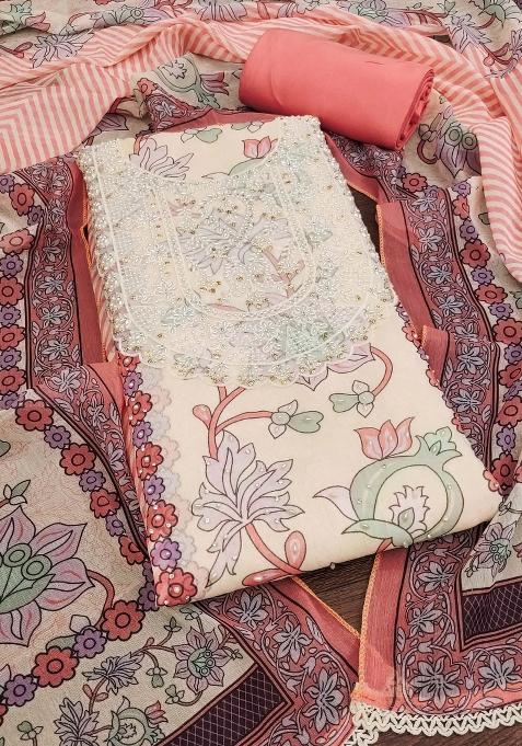 Peach Embroidered Oragnza Dress Material
