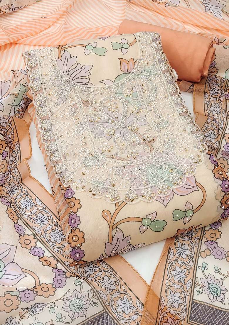 Orange Embroidered Organza Straight Kurta Set - Indya