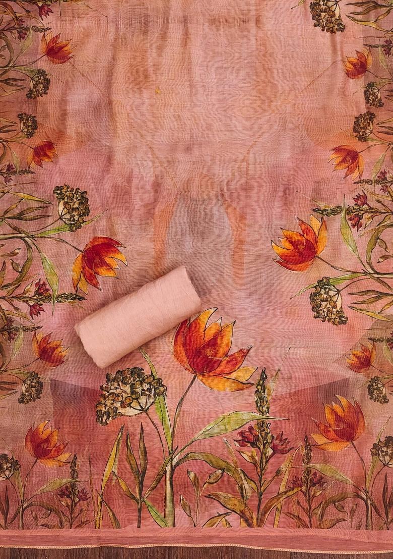 Peach Embroidered Cotton Blend Dress Material - Indya