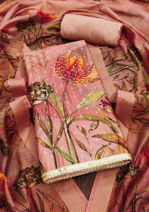 Peach Embroidered Cotton Blend Dress Material