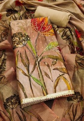 Beige Embroidered Cotton Blend Dress Material