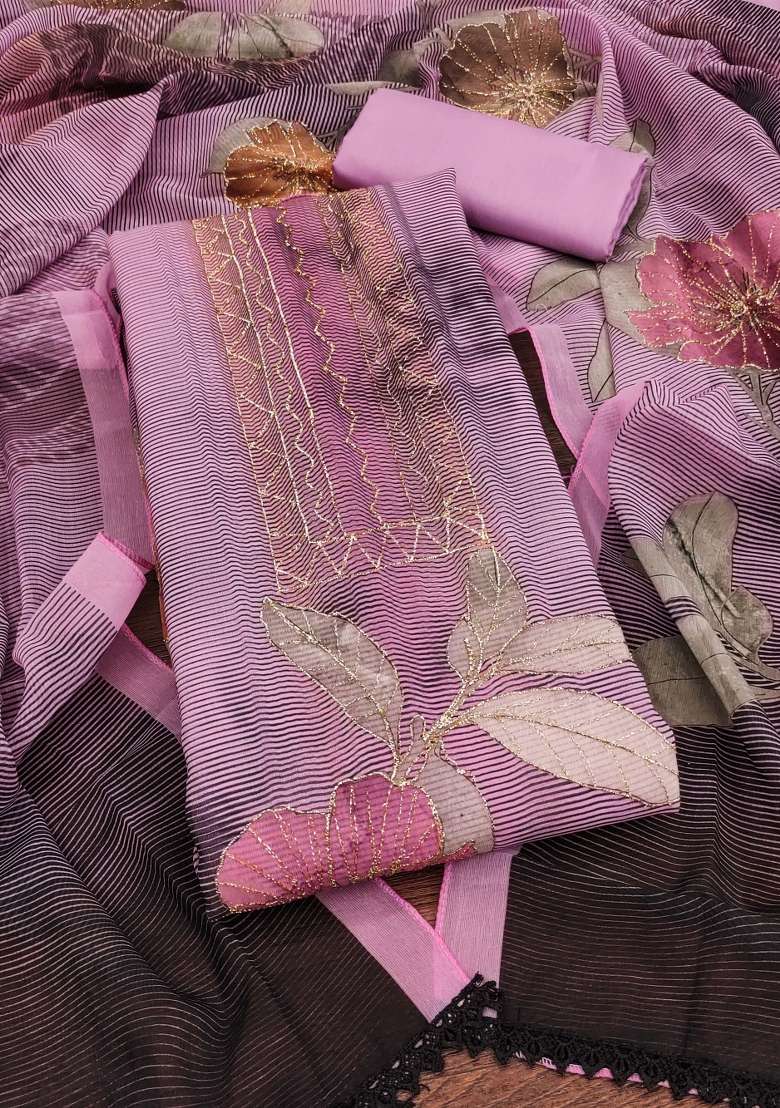 Pink Embroidered Oragnza Dress Material - Indya