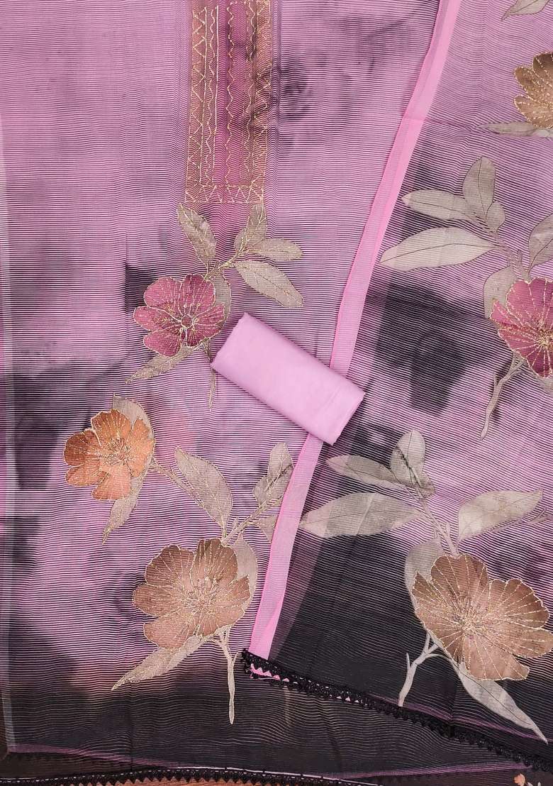 Pink Embroidered Oragnza Dress Material - Indya