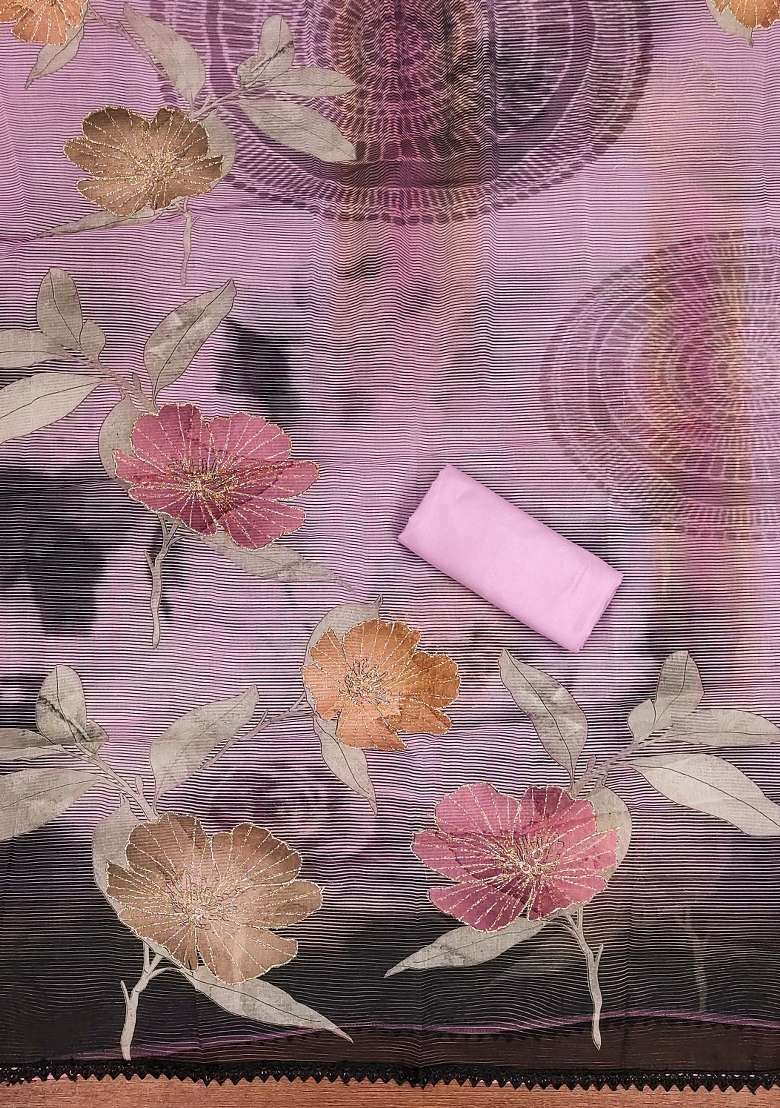 Pink Embroidered Oragnza Dress Material - Indya