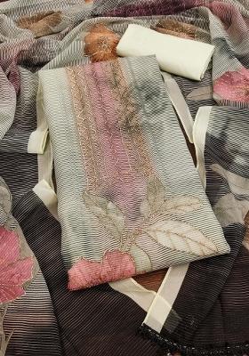 Cream Embroidered Oragnza Dress Material