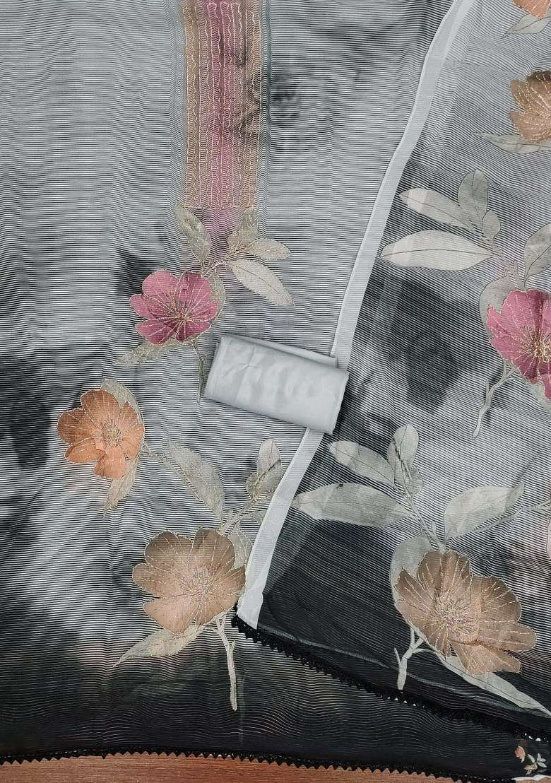 Grey Embroidered Oragnza Dress Material - Indya
