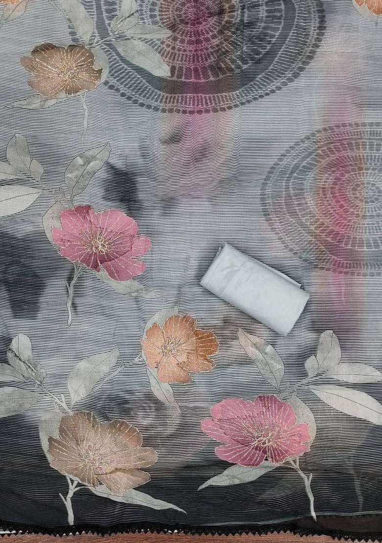 Grey Embroidered Oragnza Dress Material - Indya