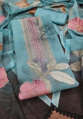 Teal Embroidered Oragnza Dress Material