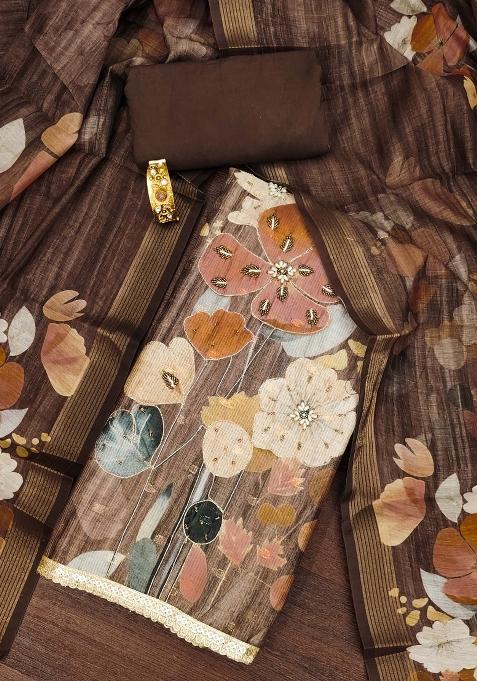 Brown Embroidered Cotton Blend Dress Material