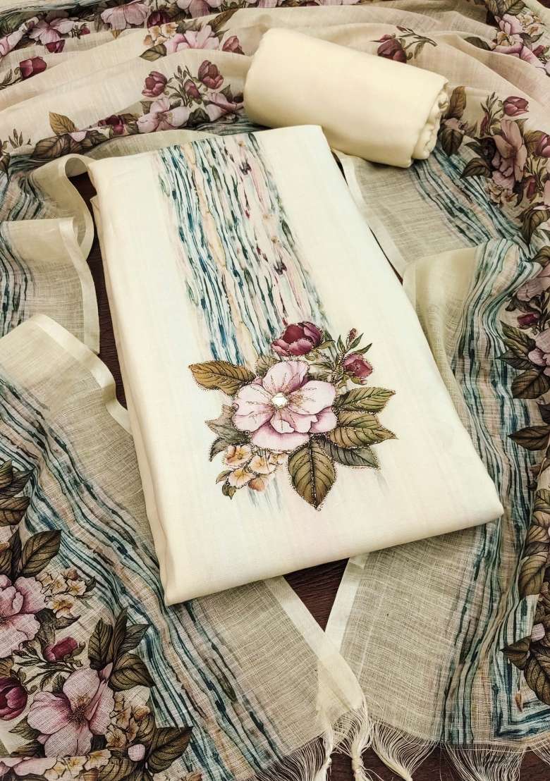 Off White Embroidered Cotton Blend Dress Material - Indya